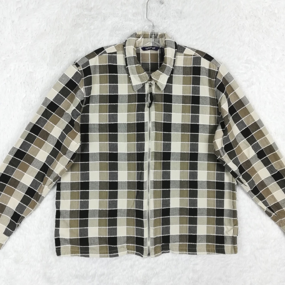 Krazy Kat Womens Shirt Jacket Plaid Textured Flannel Brown Neutral Check Zip XL